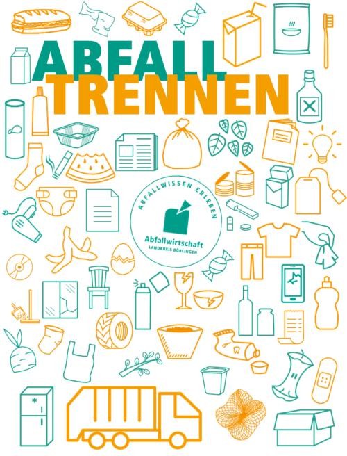 Workshop Abfalltrennung verschiedene Abfälle und ein Müllfahrzeug als Symbole für den Workshop zur Abfalltrennung